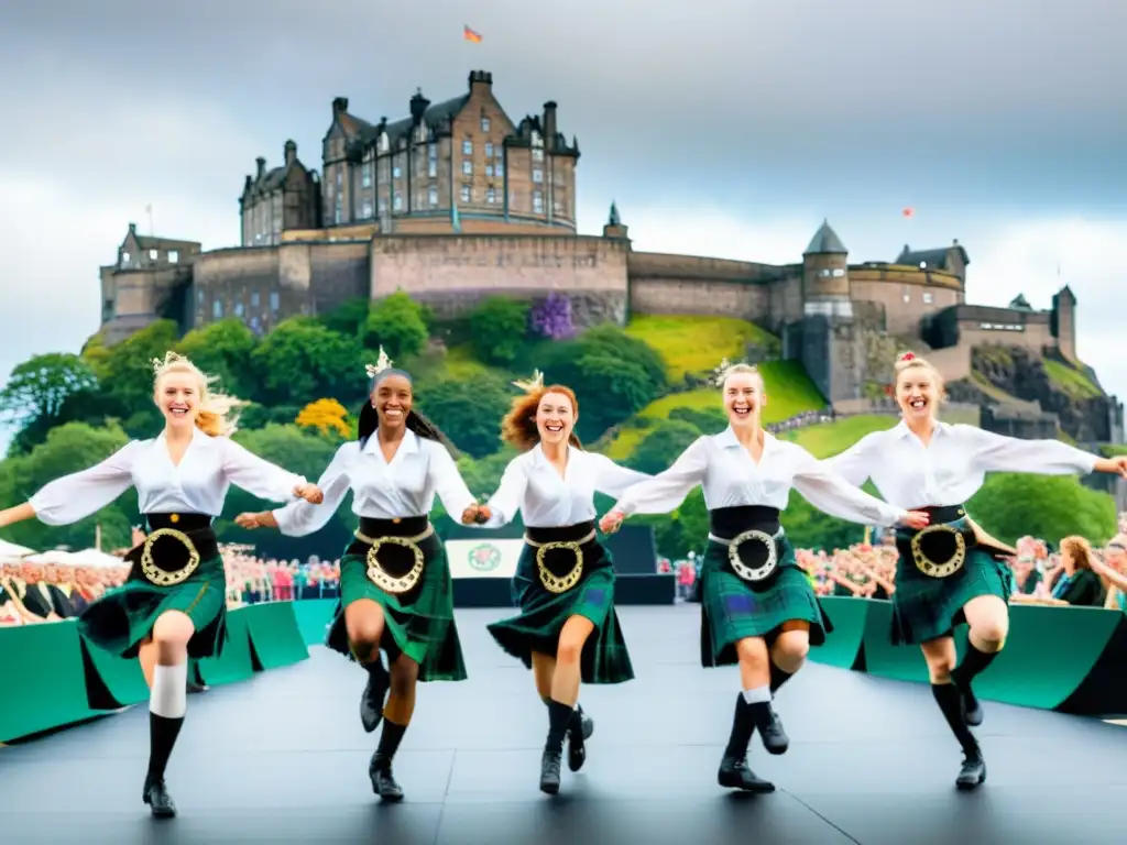 Grupo de bailarines en trajes escoceses, celebrando el significado cultural del Festival de Danza de Edimburgo con pasión y orgullo