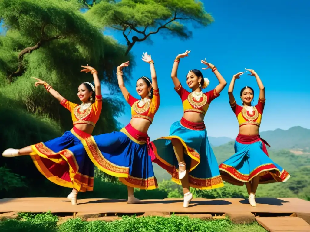 Un grupo de bailarines en trajes étnicos tradicionales realiza una rutina sincronizada al aire libre, con movimientos gráciles y precisos que capturan la rica herencia cultural de la danza étnica