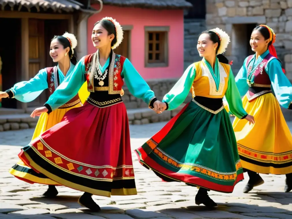 Grupo de bailarines en trajes étnicos tradicionales realizando una danza folclórica en una plaza del pueblo