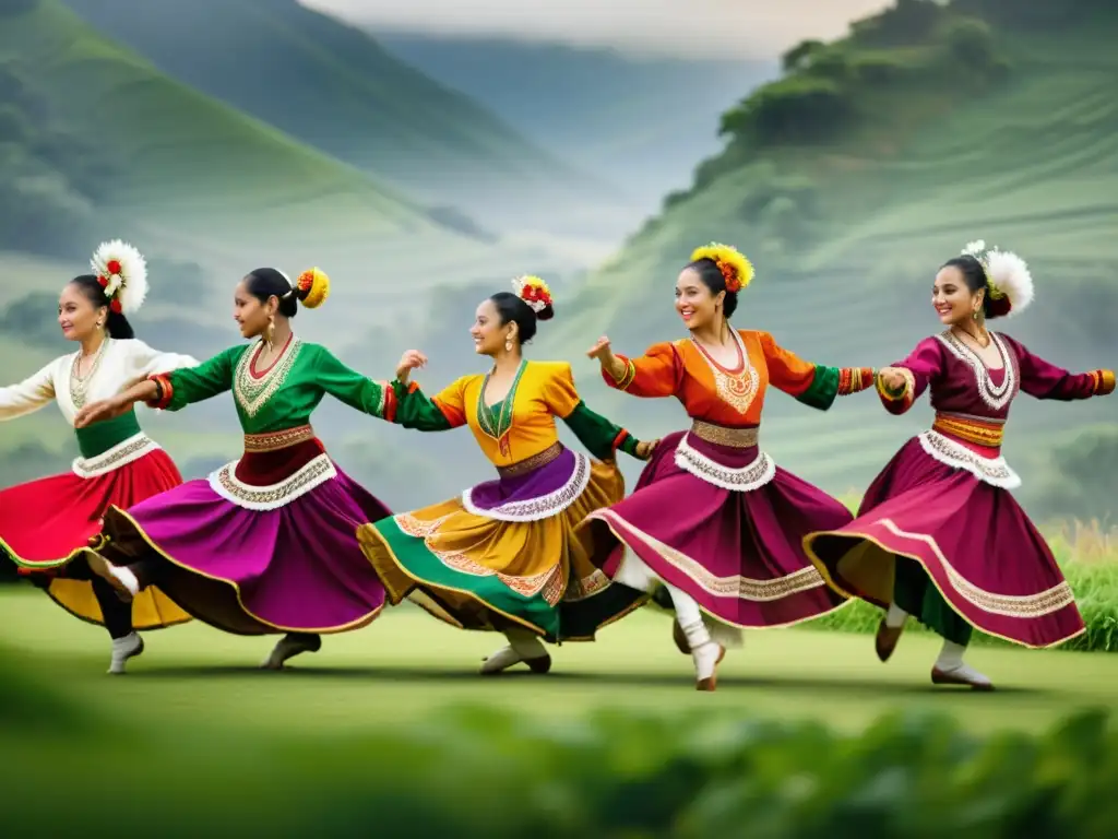 Un grupo de bailarines en trajes étnicos vibrantes realiza pasos básicos de danzas étnicas en un paisaje natural exuberante