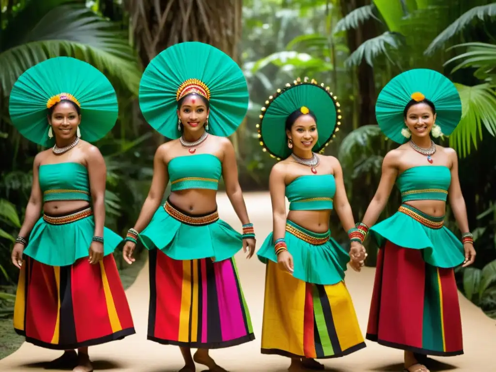 Grupo bailarines con trajes étnicos sostenibles danzan en la selva biodiversa, fusionando tradición y conciencia ambiental