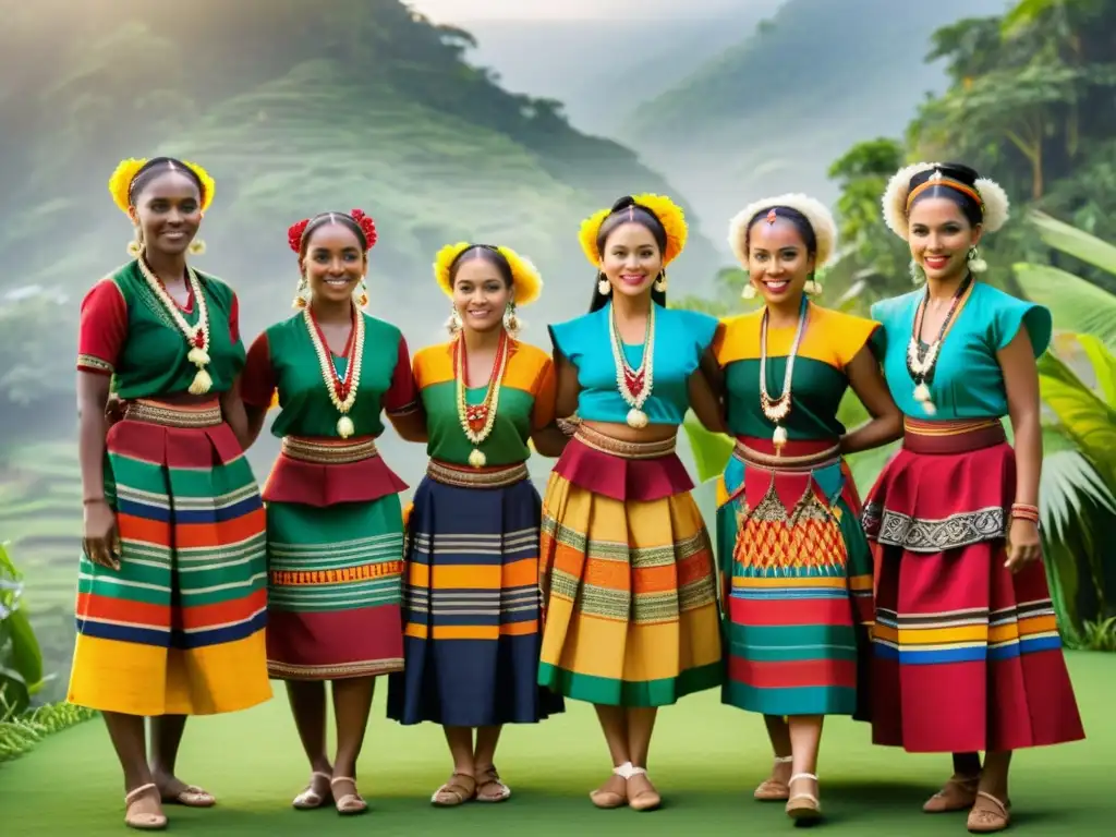 Grupo bailarines con trajes étnicos sostenibles danzas tradicionales, en medio de exuberante vegetación