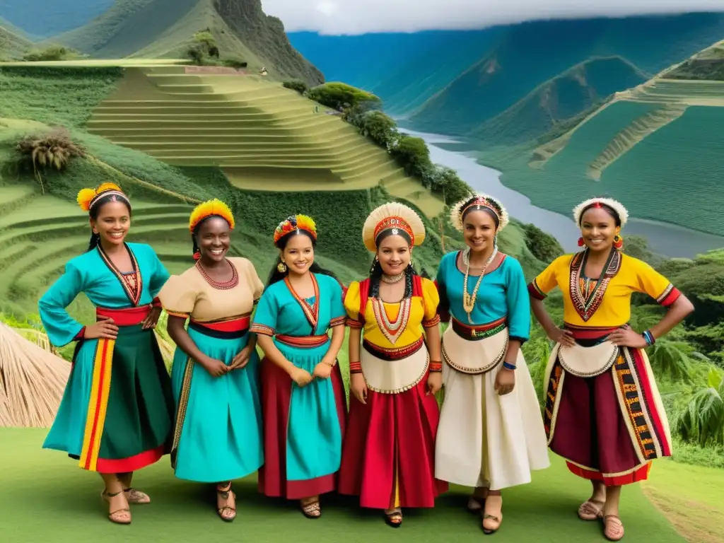 Grupo de bailarines con trajes étnicos sostenibles danzas tradicionales, reflejando la rica herencia cultural en un paisaje biodiverso