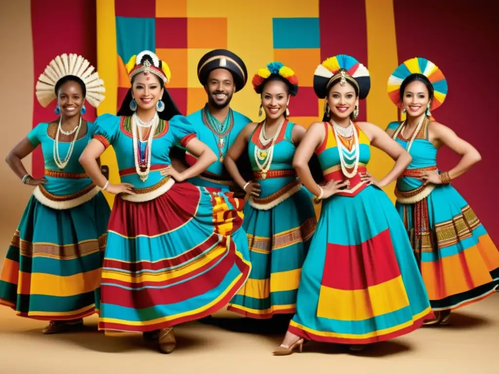 Grupo de bailarines con trajes étnicos sostenibles danzan al aire libre, irradiando tradición y alegría