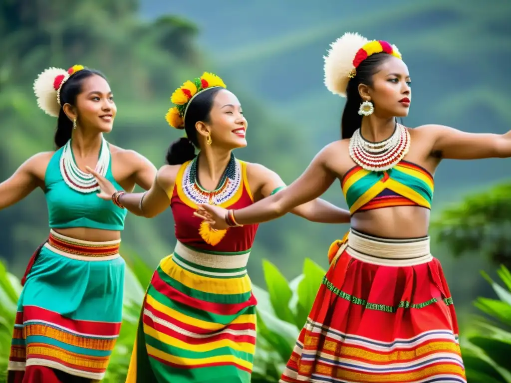 Un grupo de bailarines con trajes étnicos sostenibles danzan en armonía con la naturaleza