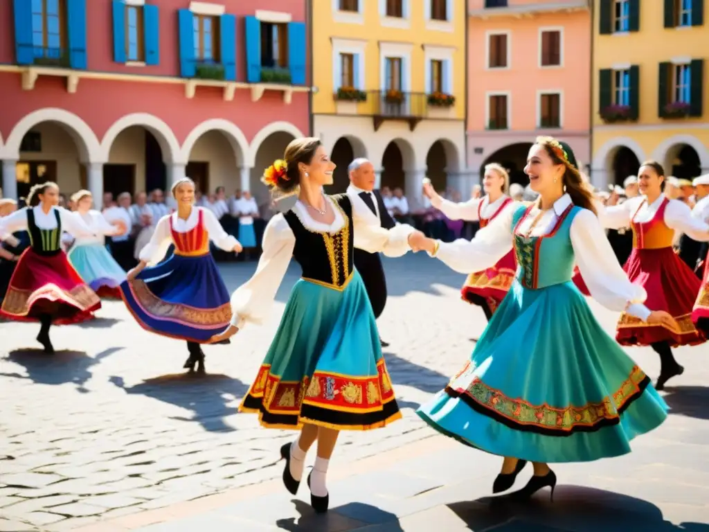 Grupo de bailarines en trajes europeos tradicionales realizando una animada Tarantella en la plaza