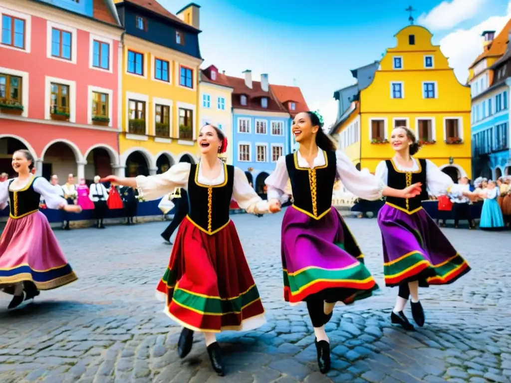 Un grupo de bailarines con trajes europeos tradicionales baila con energía en una plaza histórica