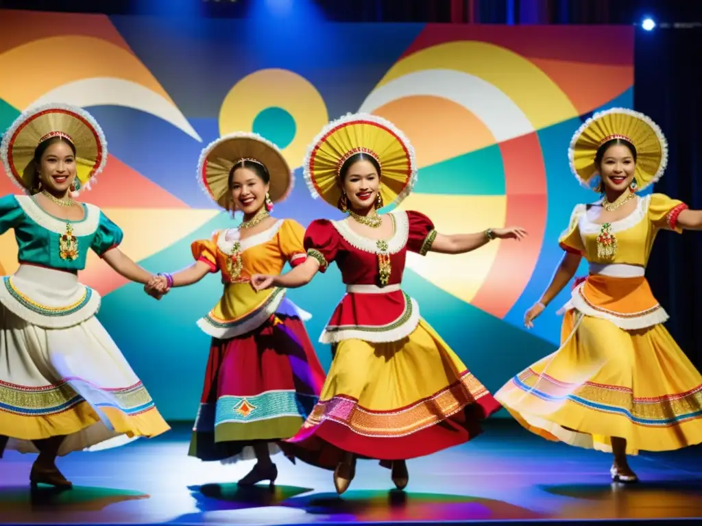 Grupo de bailarines con trajes filipinos vibrantes y detallados, danza folclórica que enseña valores culturales