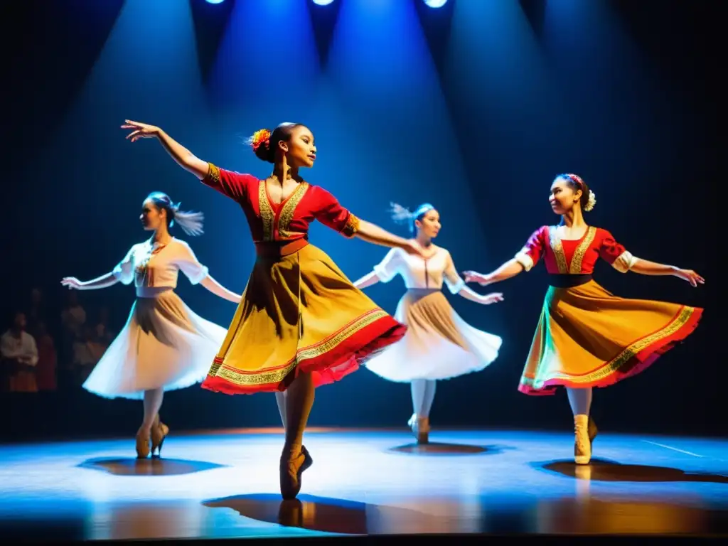 Grupo de bailarines en trajes folclóricos realizando coreografías contemporáneas que fusionan movimientos tradicionales con innovación en un escenario moderno, bajo una iluminación cálida y dramática