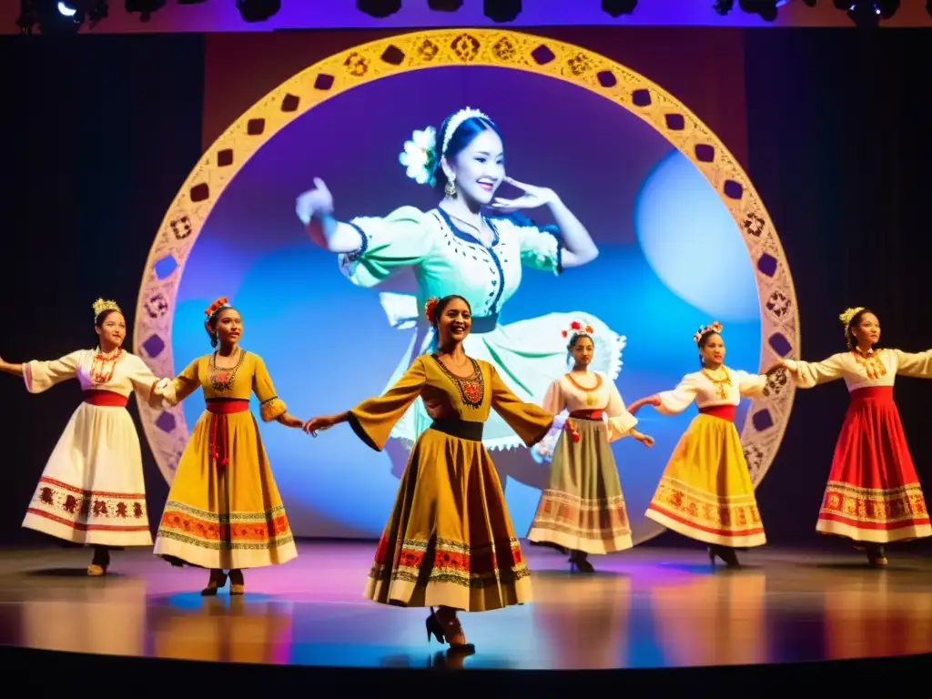 Grupo de bailarines en trajes folclóricos realizando movimientos expresivos en un escenario vibrante con plataformas interactivas para practicar danzas folclóricas