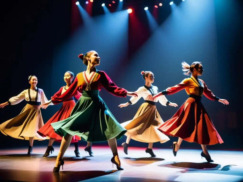 Grupo de bailarines con trajes folclóricos realizando coreografías contemporáneas danzas folclóricas en un escenario moderno con iluminación dramática