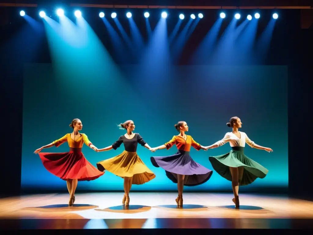 Grupo de bailarines en trajes folclóricos realizando coreografías contemporáneas, fusionando tradición y modernidad en un escenario vibrante