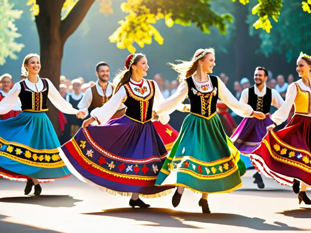 Grupo de bailarines en trajes folclóricos, girando y saltando en círculo