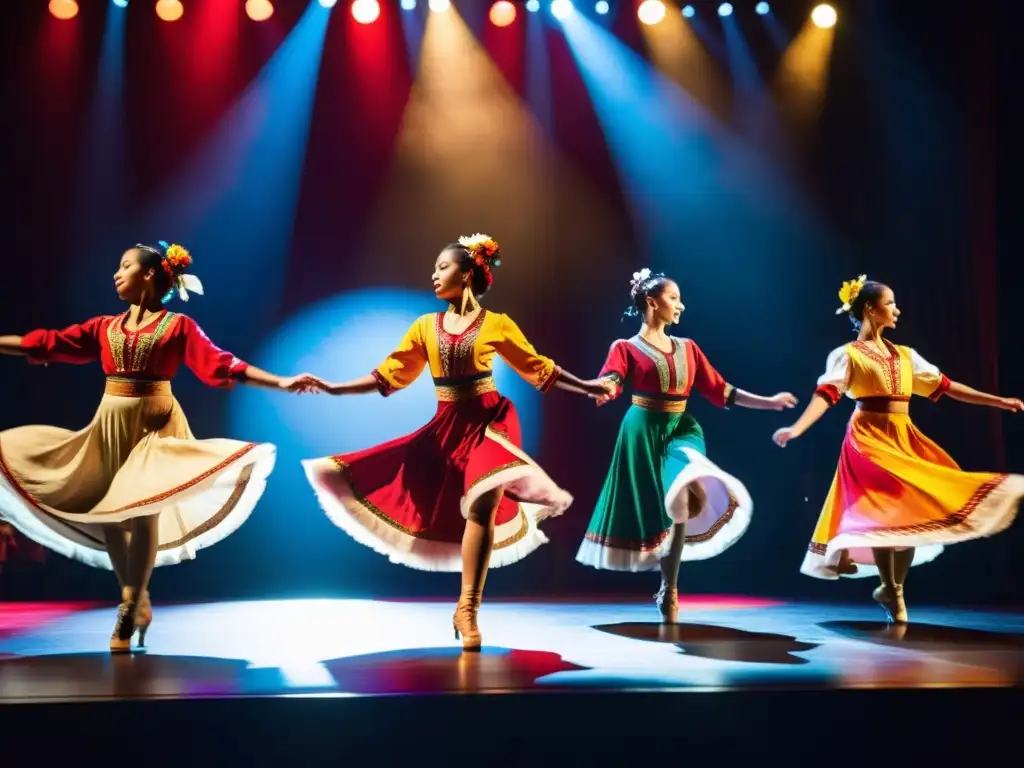 Grupo de bailarines en trajes folclóricos de todo el mundo, en un escenario con iluminación dramática