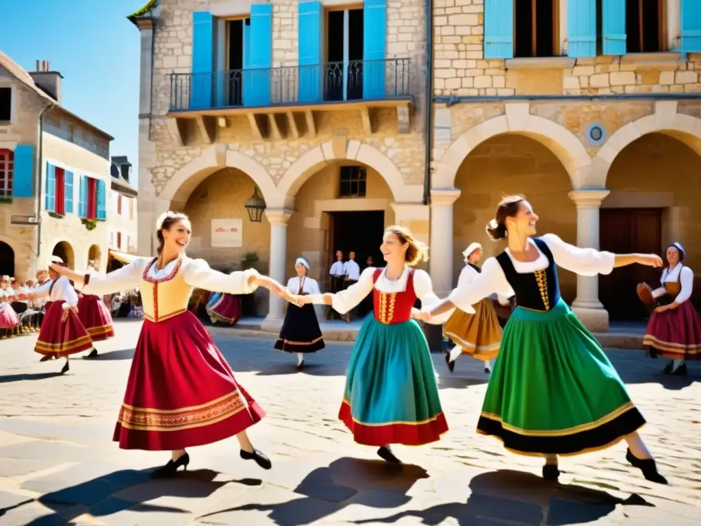 Grupo de bailarines en trajes folclóricos franceses danzando en plaza del pueblo