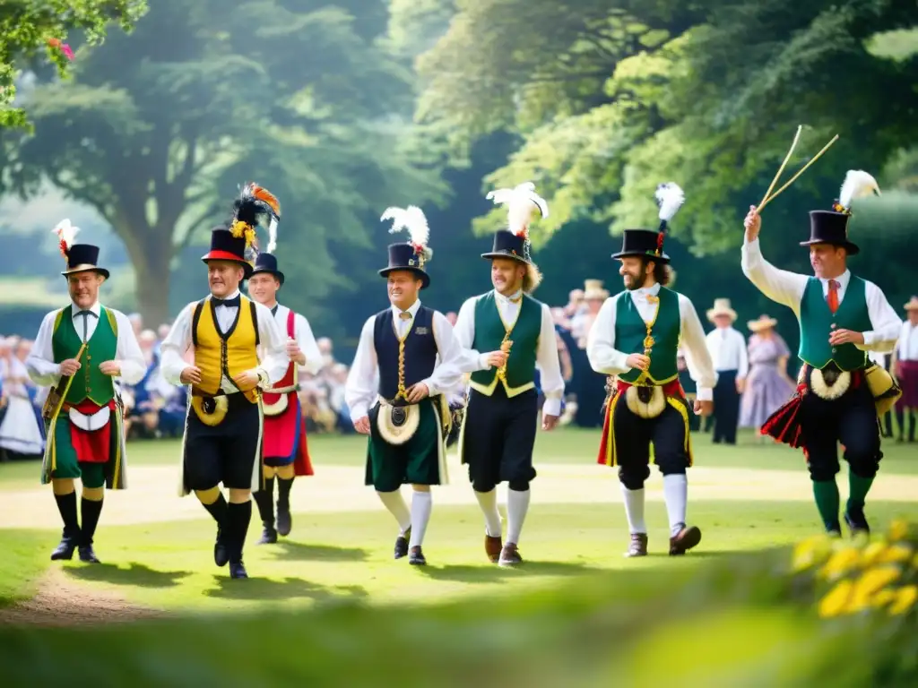 Un grupo de bailarines de Morris en trajes folclóricos ingleses, realizando una danza tradicional en un paisaje campestre exuberante