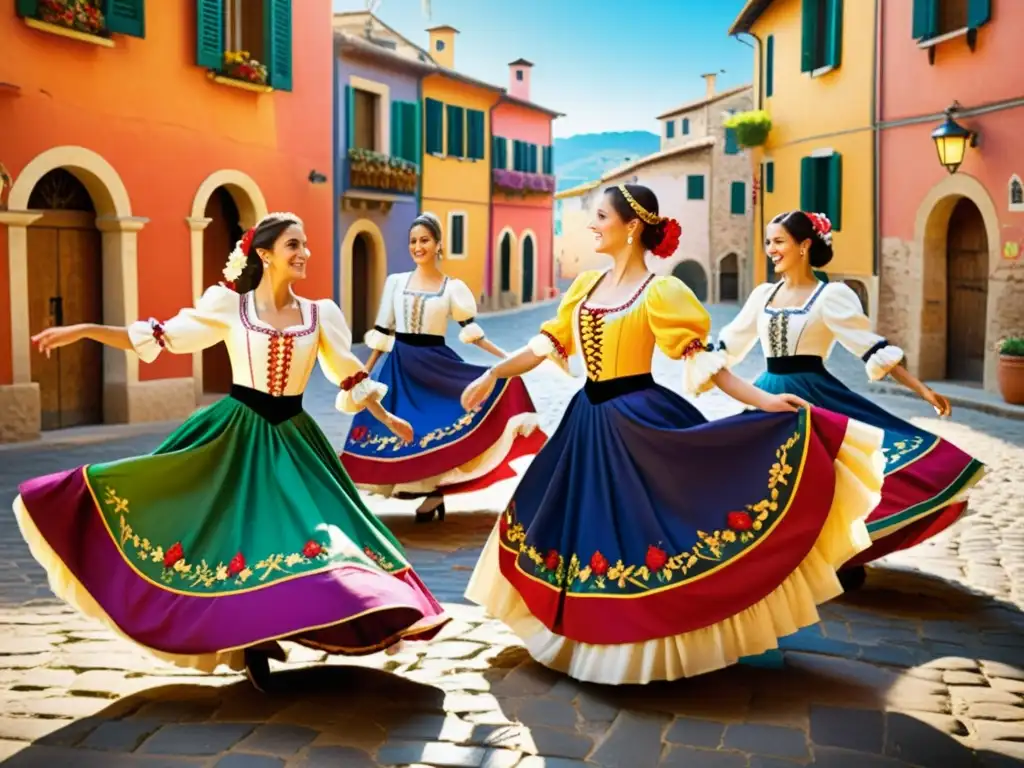 Grupo de bailarines en trajes folclóricos italianos danzando en un encantador pueblo, capturando la riqueza cultural de las danzas italianas