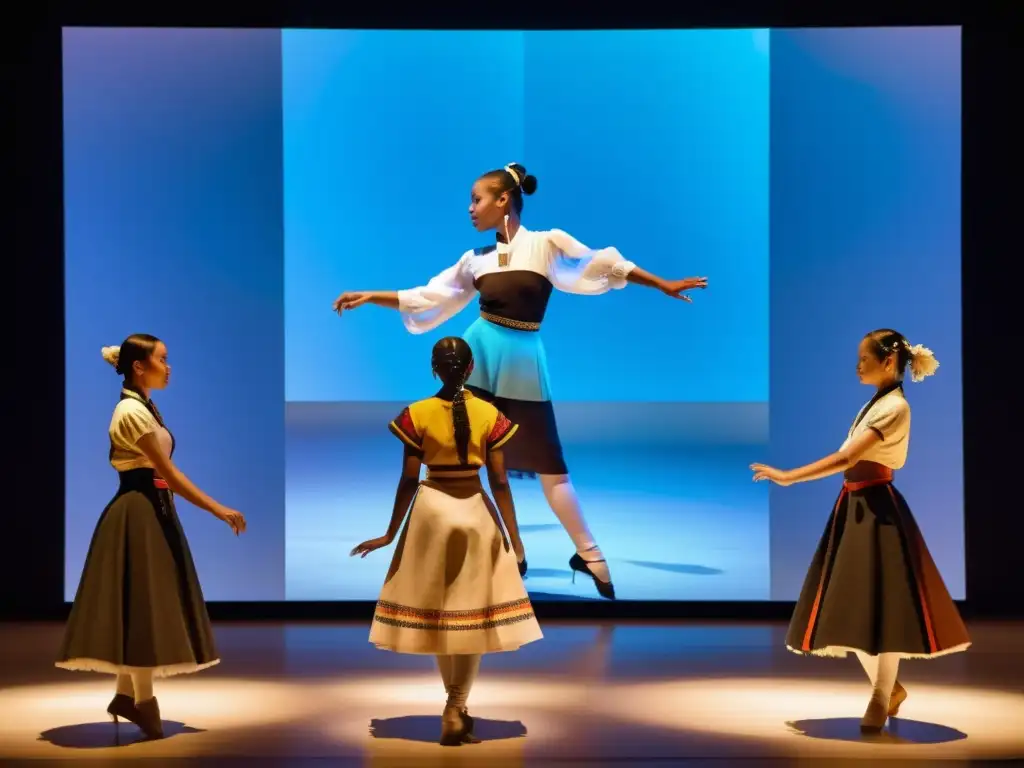 Grupo de bailarines en trajes folclóricos frente a plataformas interactivas para practicar danzas folclóricas, fusionando tradición y tecnología