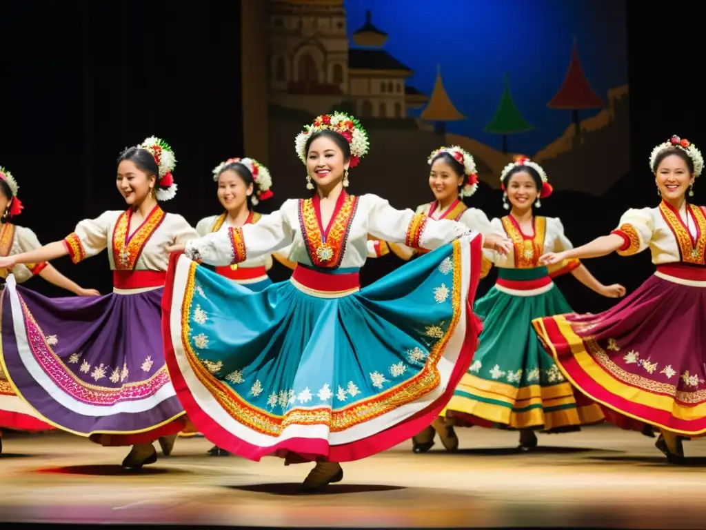 Grupo de bailarines con trajes folclóricos, integrando folclore en planes educativos, en una animada presentación llena de color y energía