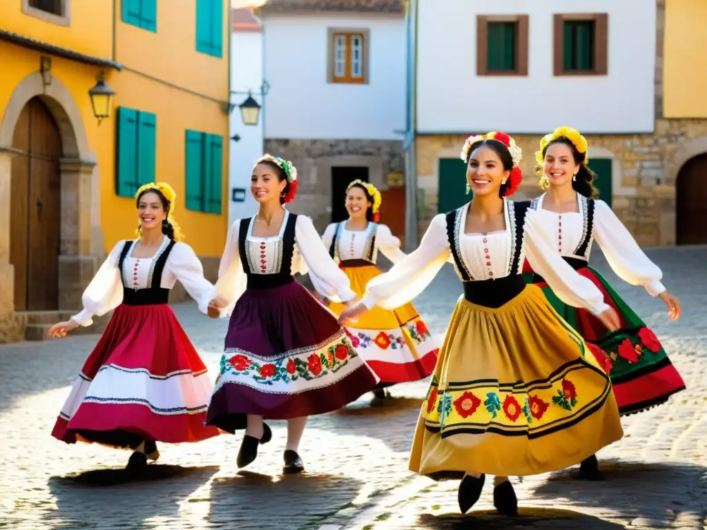 Grupo de bailarines en trajes folklóricos portugueses danzando con gracia en una plaza adoquinada