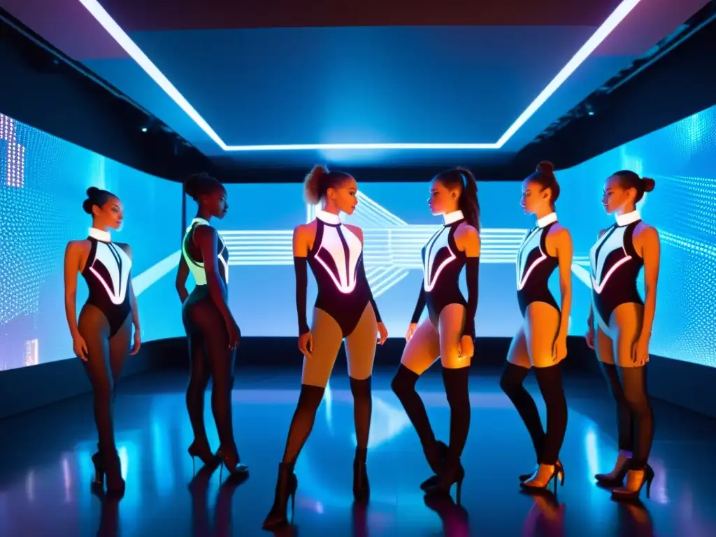 Un grupo de bailarines con trajes futuristas y luces LED realizando una coreografía en un estudio de alta tecnología