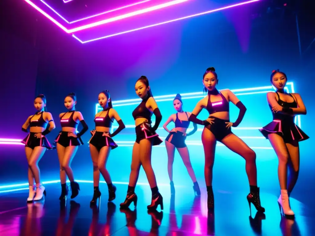 Grupo de bailarines Kpop con trajes futuristas en un escenario iluminado con luces de neón