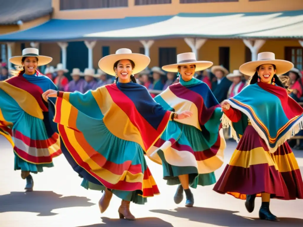 Un grupo de bailarines en trajes gauchos coloridos bailando el Chamamé, rodeados de una multitud animada y una banda tocando