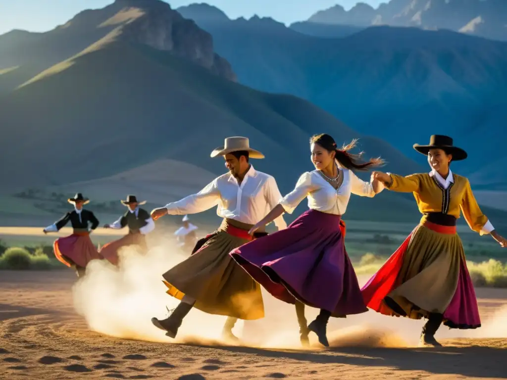 Grupo de bailarines en trajes gauchos, danza tradicional Chacarera en Europa con paisaje argentino al atardecer