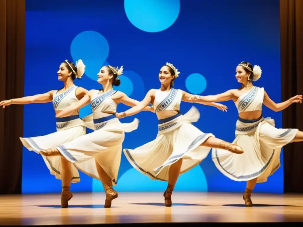 Un grupo de bailarines en trajes griegos ejecuta movimientos sincronizados y elaborados en un escenario decorado con motivos azules y blancos