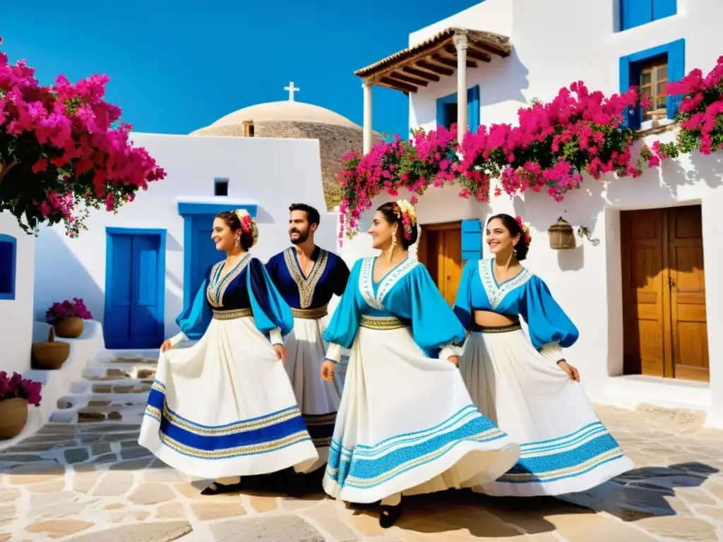 Grupo de bailarines con trajes griegos tradicionales danzando en una plaza de un pintoresco pueblo griego