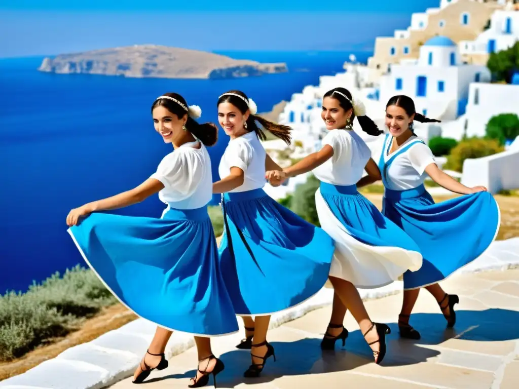 Un grupo de bailarines en trajes griegos tradicionales, ejecutando el enérgico baile Sirtaki en un pintoresco pueblo costero de Grecia