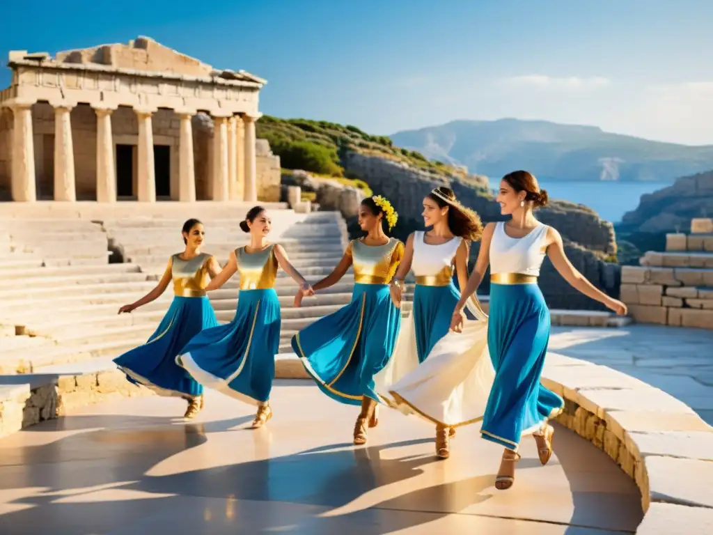 Grupo de bailarines en trajes griegos tradicionales realizando una cautivadora danza sincronizada en un antiguo anfiteatro griego