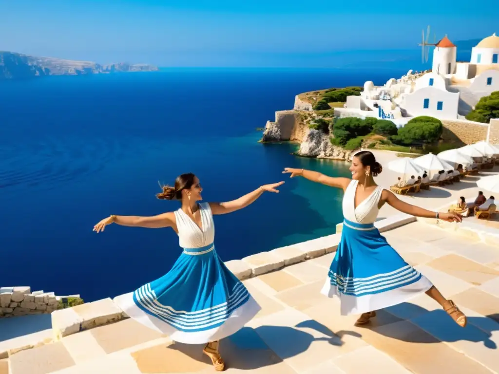 Grupo de bailarines en trajes griegos tradicionales danzando el Sirtaki frente al mar Egeo