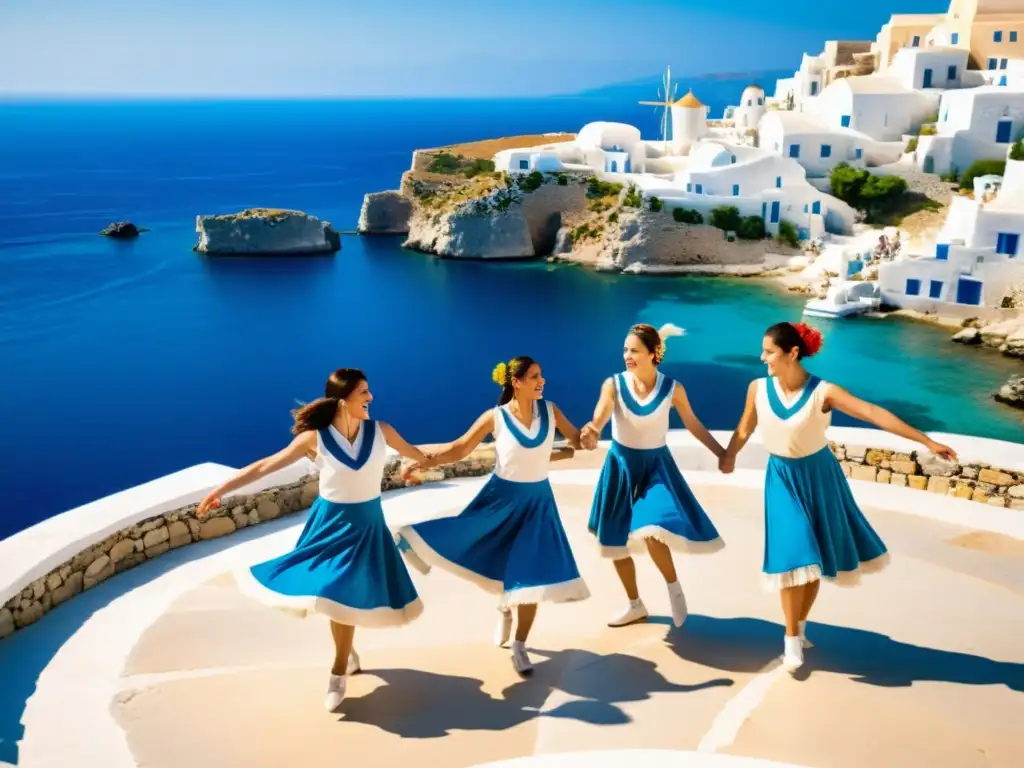 Grupo de bailarines en trajes griegos tradicionales bailando Sirtaki en un pueblo costero