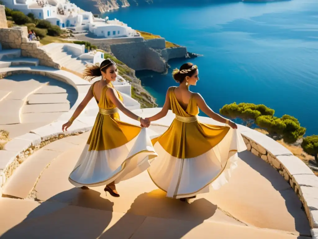 Grupo de bailarines en trajes griegos tradicionales danzando Sirtaki en un antiguo anfiteatro junto al mar Egeo, evocando la enseñanza de la danza griega en un escenario espectacular