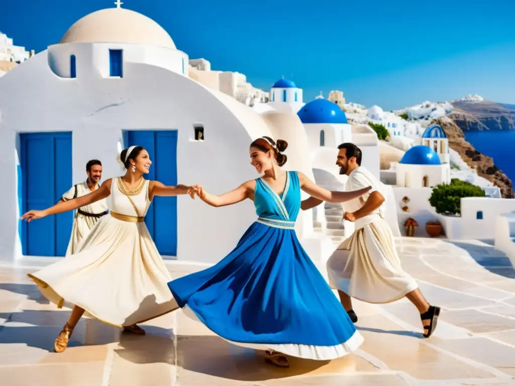 Grupo de bailarines en trajes griegos danzando Sirtaki bajo el sol, celebrando la riqueza cultural con pasos de la danza Sirtaki explorados