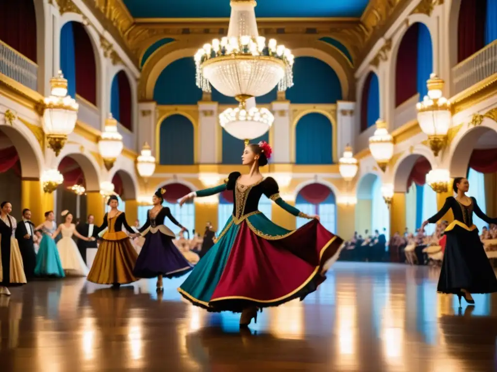 Grupo de bailarines en trajes históricos realizando danza tradicional en un elegante salón de baile