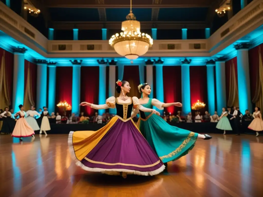 Un grupo de bailarines con trajes históricos realiza una danza tradicional en un elegante salón