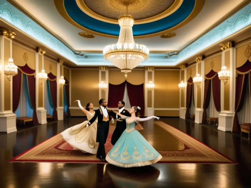 Grupo de bailarines en trajes históricos realizan danza elegante en un majestuoso salón