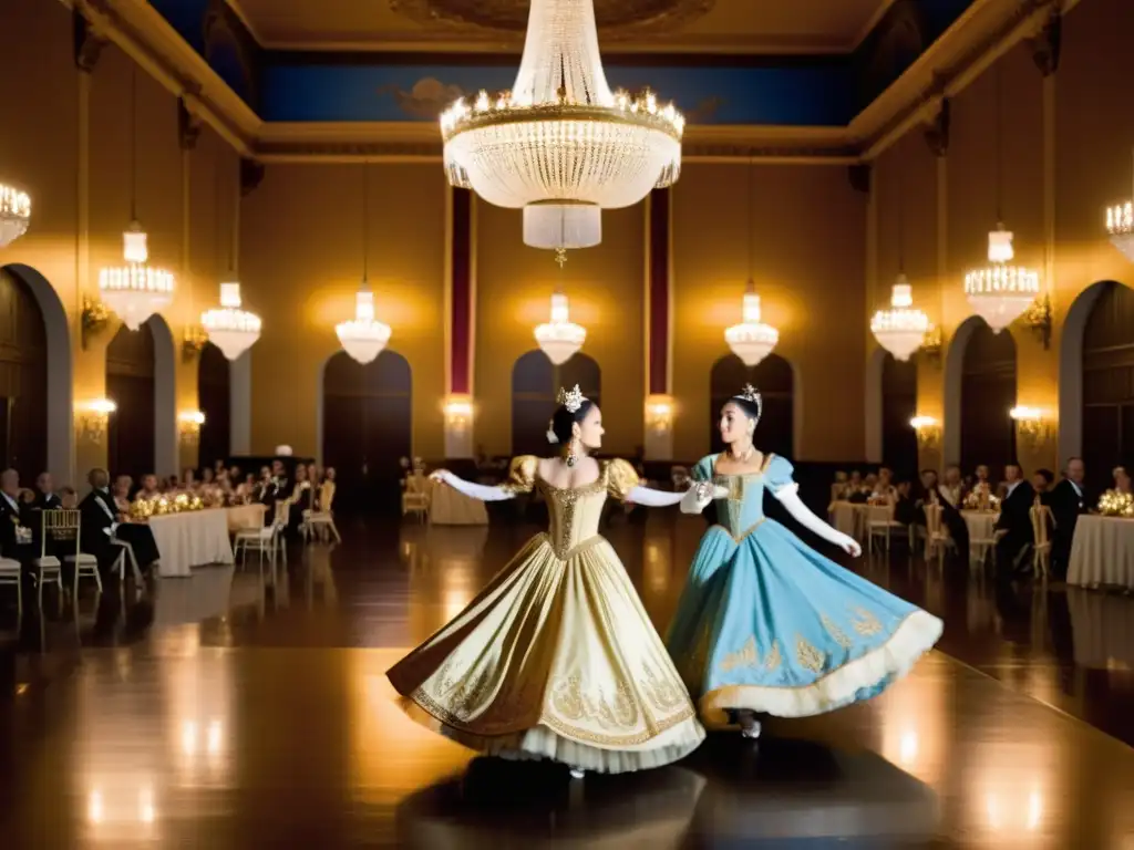 Grupo de bailarines con trajes históricos danzando en un elegante salón con la palabra clave 'Paquetes VIP Eventos Danza Histórica'