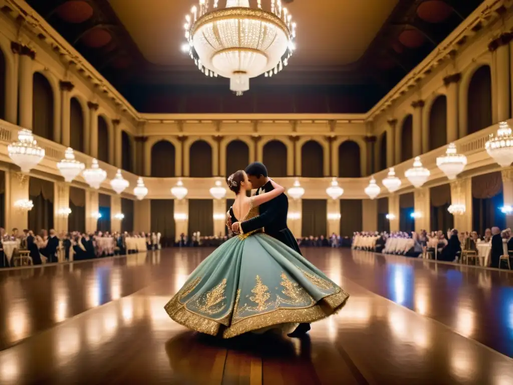 Grupo de bailarines en trajes históricos ejecutan una elegante danza de corte en un salón de baile, iluminados por candelabros