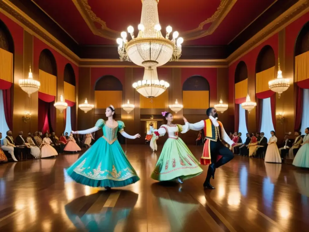 Grupo de bailarines en trajes históricos realizando danza en salón elegante