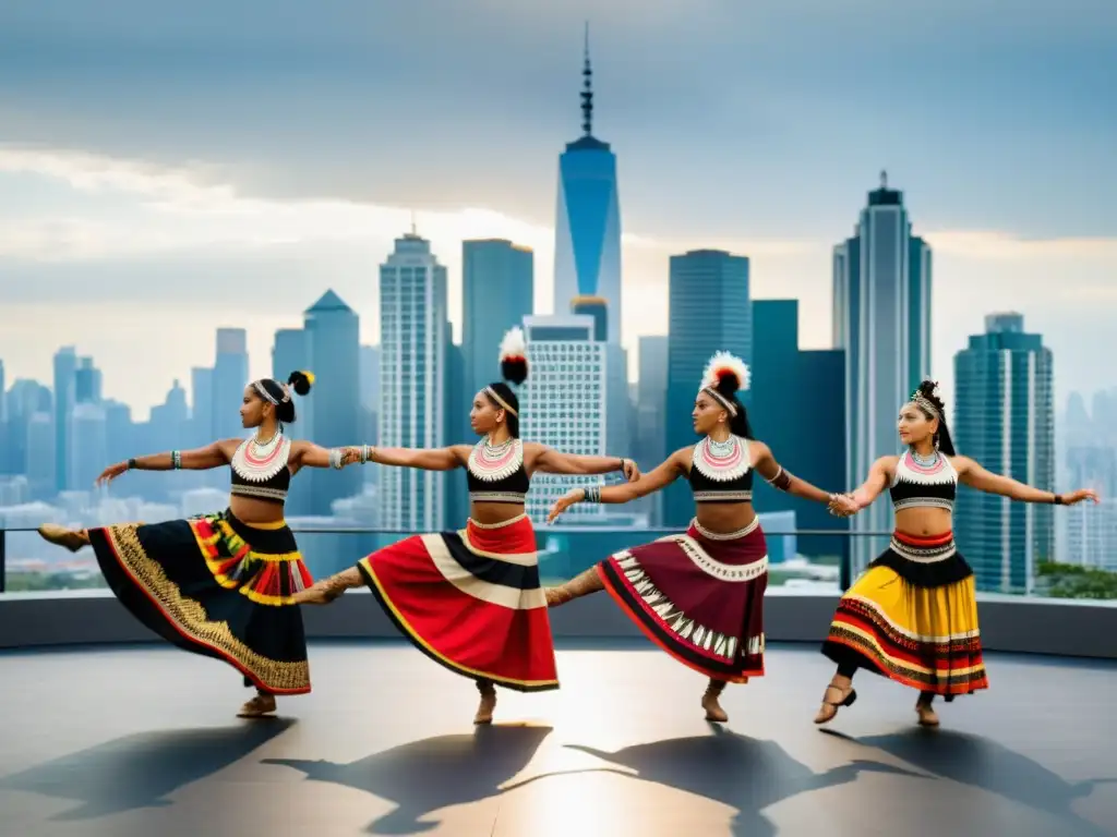 Danza ancestral urbana: la fusión de tradición y modernidad Grupo de bailarines en trajes indígenas realizando una danza hipnótica en la ciudad