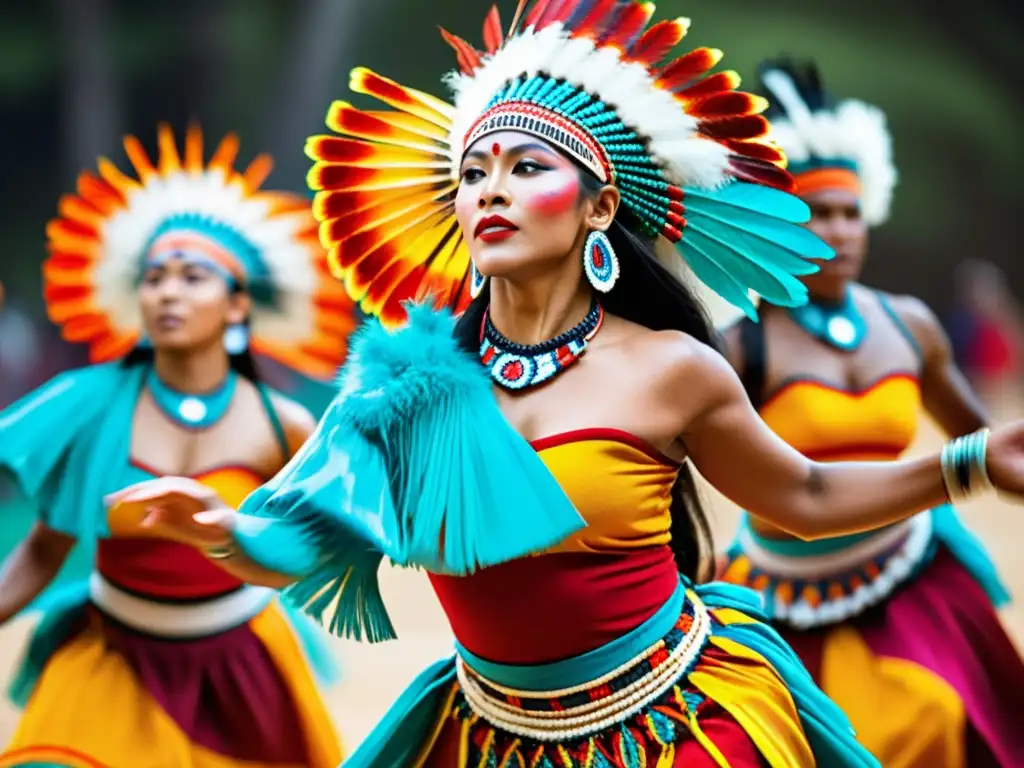 Danza ancestral: Movimientos vibrantes y colores impactantes Grupo de bailarines en trajes indígenas realizando adaptaciones modernas en danzas ancestrales, con movimientos dinámicos y coloridos