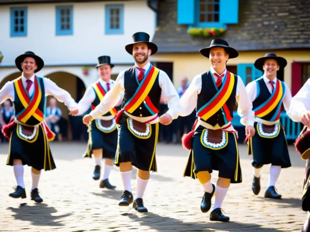 Grupo de bailarines Morris en trajes ingleses tradicionales interpretando pasos intrincados bajo el sol, rodeados de espectadores sonrientes