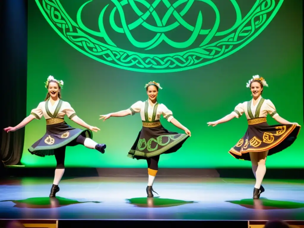 Grupo de bailarines en trajes irlandeses ejecutando una animada danza celta en un escenario