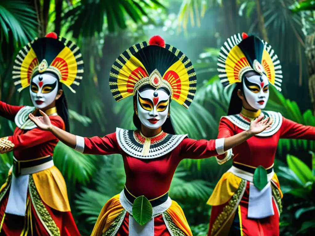 Grupo de bailarines de Topeng Bali, con trajes y máscaras vibrantes, danzando en la selva