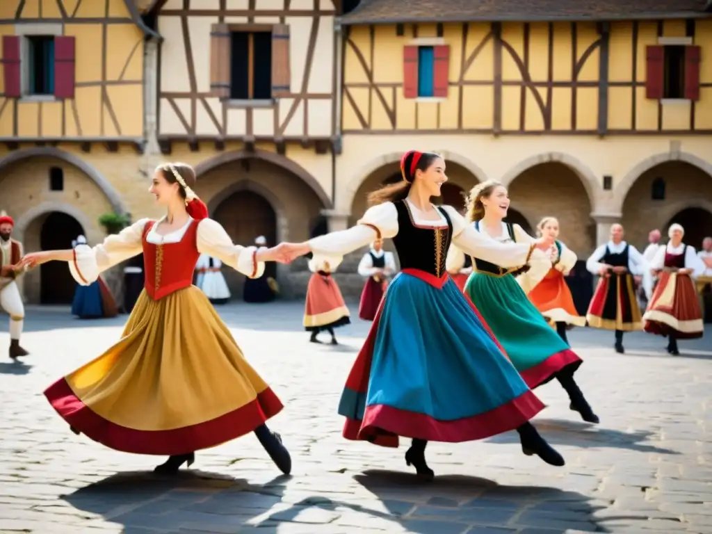 Grupo de bailarines en trajes medievales franceses ejecutando danzas folclóricas con gracia y color