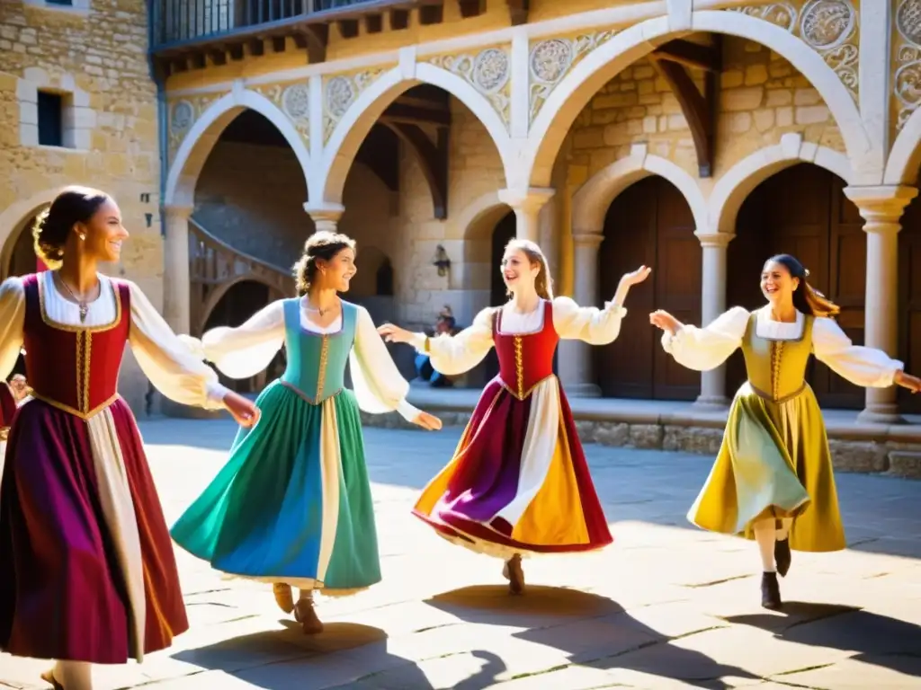 Grupo de bailarines en trajes medievales franceses bailando en un patio soleado, rodeados de edificios de piedra