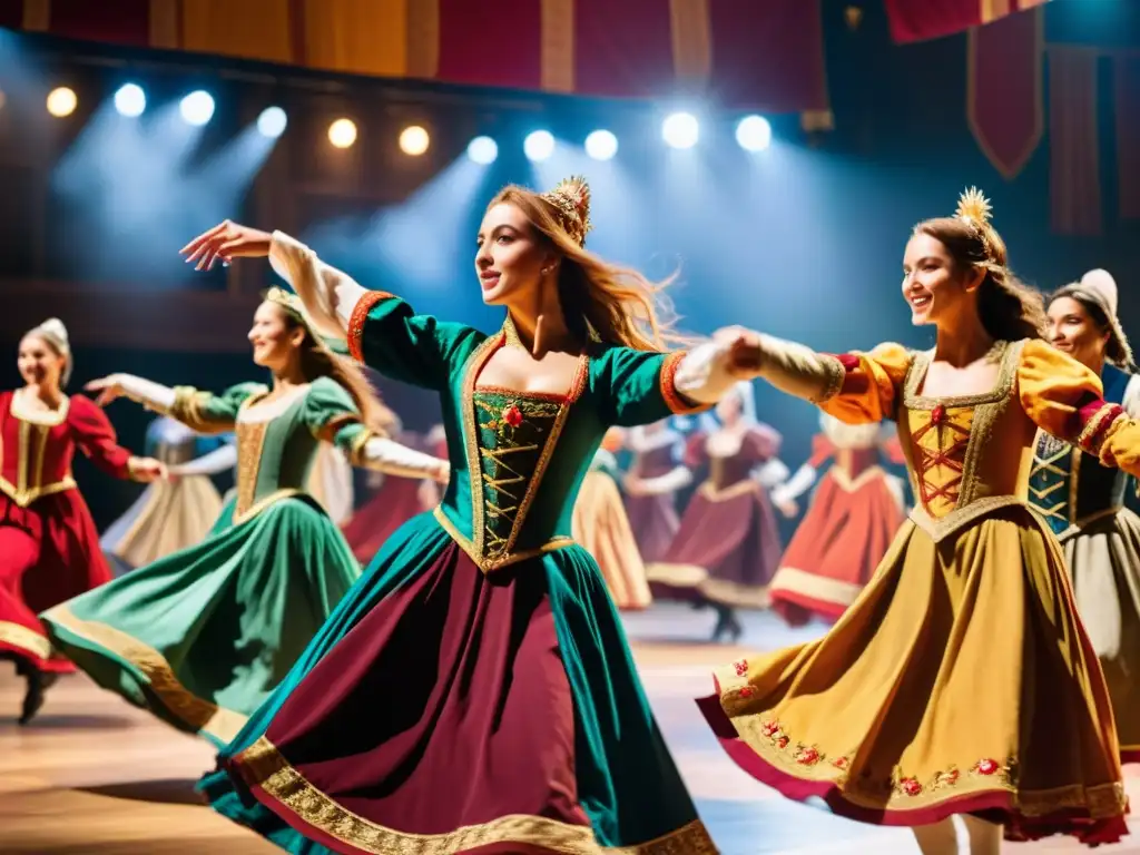 Grupo de bailarines en trajes medievales vibrantes, danzando con gracia al ritmo de música tradicional